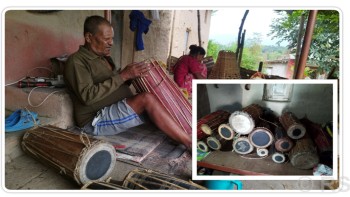 तिहारका लागि मादल बनाउन व्यस्त चित्रे बादी