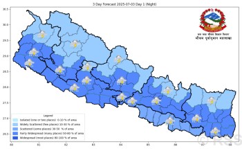 कोशी, वाग्मती, गण्डकी र लुम्बिनी प्रदेशका एकदुई स्थानमा भारी वर्षा हुने पूर्वानुमान